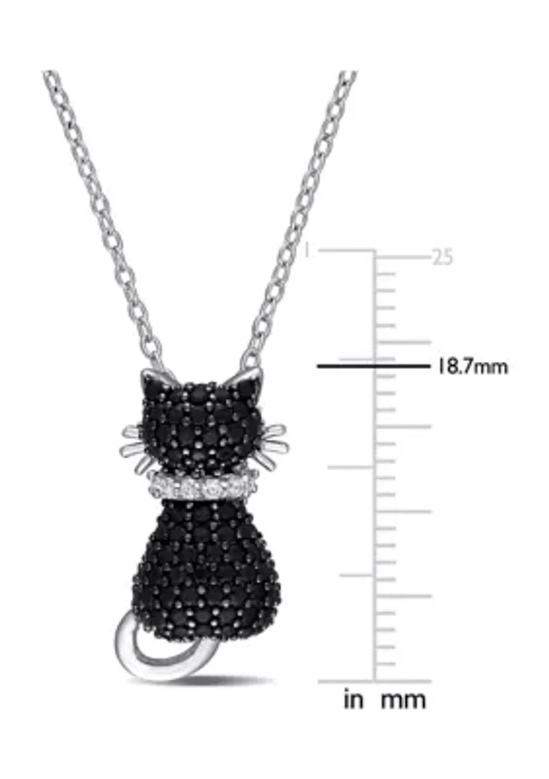 Black Spinel and Created White Sapphire Kitty Cat Pendant with Chain in Sterling Silver with Black Rhodium