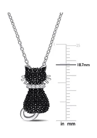 Black Spinel and Created White Sapphire Kitty Cat Pendant with Chain in Sterling Silver with Black Rhodium