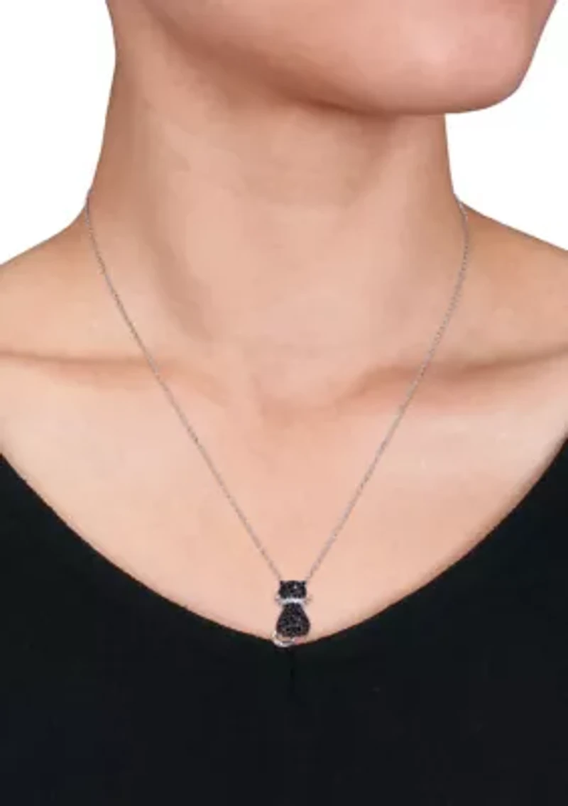 Black Spinel and Created White Sapphire Kitty Cat Pendant with Chain in Sterling Silver with Black Rhodium