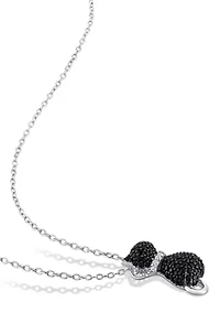 Black Spinel and Created White Sapphire Kitty Cat Pendant with Chain in Sterling Silver with Black Rhodium