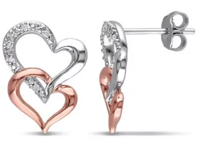 Diamond Double Heart Earrings in Two-Tone Sterling Silver