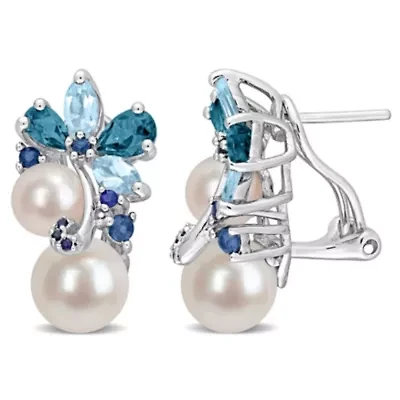 6-8.5MM Freshwater Cultured Pearl and London Blue and Sky Blue Topaz with Sapphire Cluster Earrings in Sterling Silver