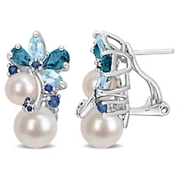 6-8.5MM Freshwater Cultured Pearl and London Blue and Sky Blue Topaz with Sapphire Cluster Earrings in Sterling Silver