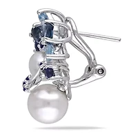 6-8.5MM Freshwater Cultured Pearl and London Blue and Sky Blue Topaz with Sapphire Cluster Earrings in Sterling Silver