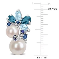 6-8.5MM Freshwater Cultured Pearl and London Blue and Sky Blue Topaz with Sapphire Cluster Earrings in Sterling Silver