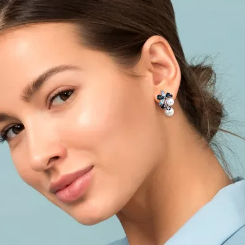 6-8.5MM Freshwater Cultured Pearl and London Blue and Sky Blue Topaz with Sapphire Cluster Earrings in Sterling Silver