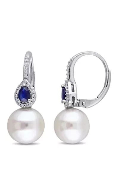 Pearl,  3/8 ct. t.w. Sapphire, and 1/8 ct. t.w. Diamond Earrings in 14K White Gold