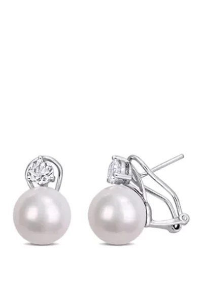 Pearl and 1.17 ct. t.w. White Topaz Earrings in Sterling Silver