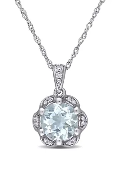 1.15 ct. t.w. Aquamarine and 1/10 ct. t.w. Diamond Accent Flower Necklace in 14K White Gold 