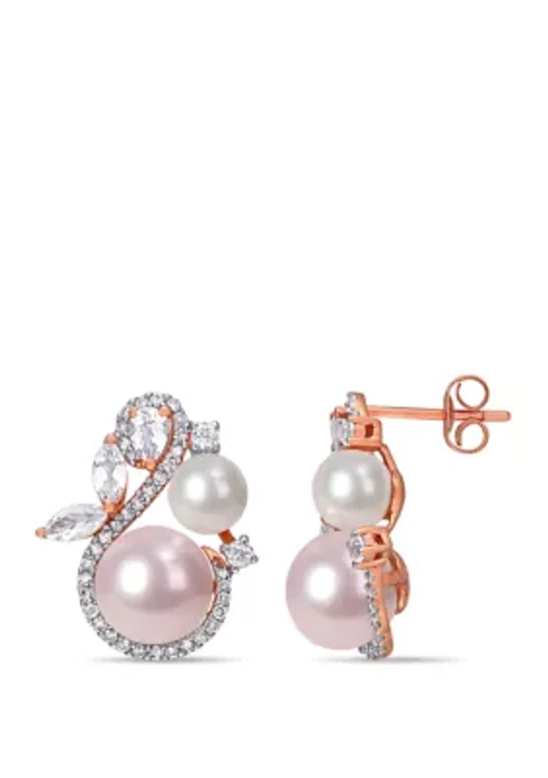 1.13 ct. t.w. White Topaz, 1/3 ct. t.w. Diamond, and Pink and White Cultured Freshwater Pearl Swan Stud Earrings in 10k Rose Gold