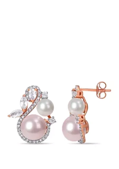 1.13 ct. t.w. White Topaz, 1/3 ct. t.w. Diamond, and Pink and White Cultured Freshwater Pearl Swan Stud Earrings in 10k Rose Gold