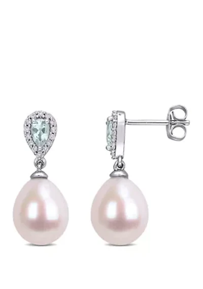 9 to 9.5 Millimeter Cultured Freshwater Pearl, 3/8 ct. t.w. Aquamarine and 1/7 ct. t.w. Diamond Drop Earrings in 10k White Gold