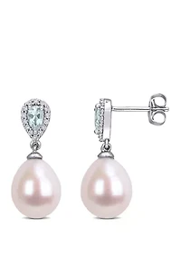 9 to 9.5 Millimeter Cultured Freshwater Pearl, 3/8 ct. t.w. Aquamarine and 1/7 ct. t.w. Diamond Drop Earrings in 10k White Gold
