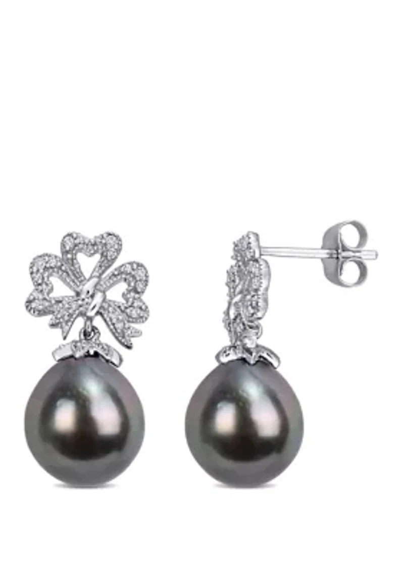 9 to 9.5 Millimeter Cultured Tahitian Pearl and 1/6 ct. t.w. Diamond Flower Bow Earrings in 10k White Gold