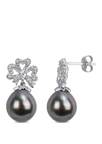 9 to 9.5 Millimeter Cultured Tahitian Pearl and 1/6 ct. t.w. Diamond Flower Bow Earrings in 10k White Gold