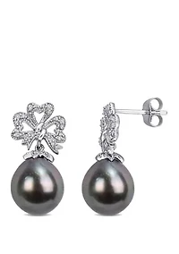 9 to 9.5 Millimeter Cultured Tahitian Pearl and 1/6 ct. t.w. Diamond Flower Bow Earrings in 10k White Gold