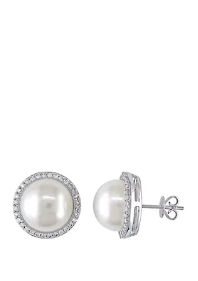 12.5-13 Millimeter Cultured Freshwater Pearl and 1/2 ct. t.w. Diamond Halo Stud Earrings in 14K White Gold