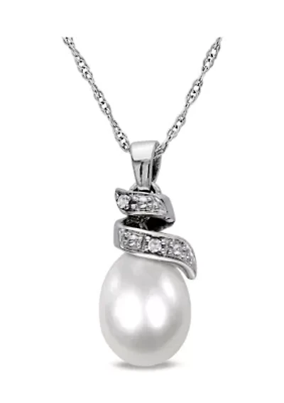 Cultured Freshwater Pearl and Diamond Spiral Pendant with Chain in 10K White Gold
