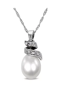 Cultured Freshwater Pearl and Diamond Spiral Pendant with Chain in 10K White Gold