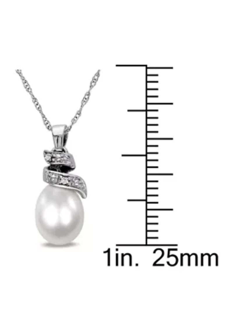 Cultured Freshwater Pearl and Diamond Spiral Pendant with Chain in 10K White Gold