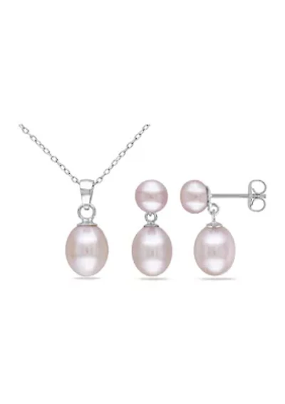 2-Piece Set Pink Freshwater Cultured Pearl Necklace and Drop Earrings in Sterling Silver
