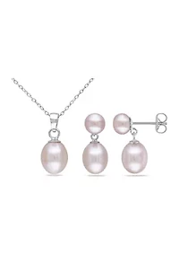 2-Piece Set Pink Freshwater Cultured Pearl Necklace and Drop Earrings in Sterling Silver