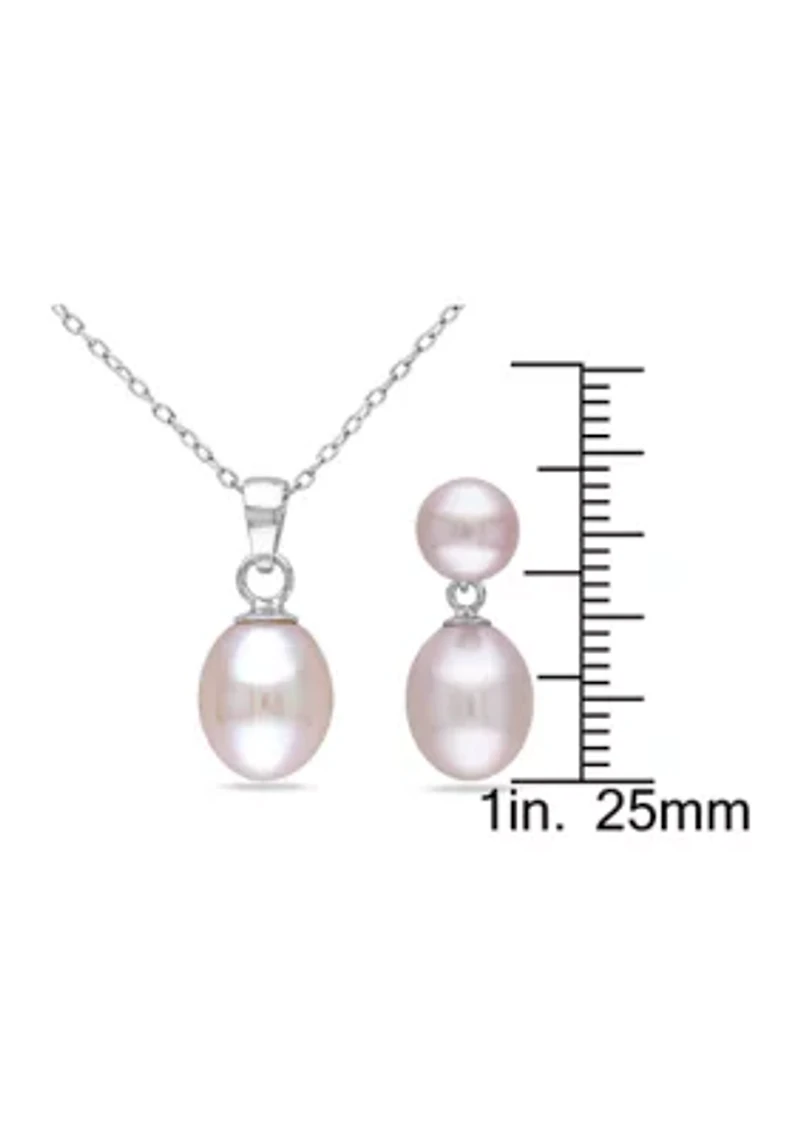2-Piece Set Pink Freshwater Cultured Pearl Necklace and Drop Earrings in Sterling Silver