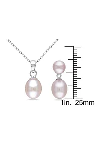 2-Piece Set Pink Freshwater Cultured Pearl Necklace and Drop Earrings in Sterling Silver
