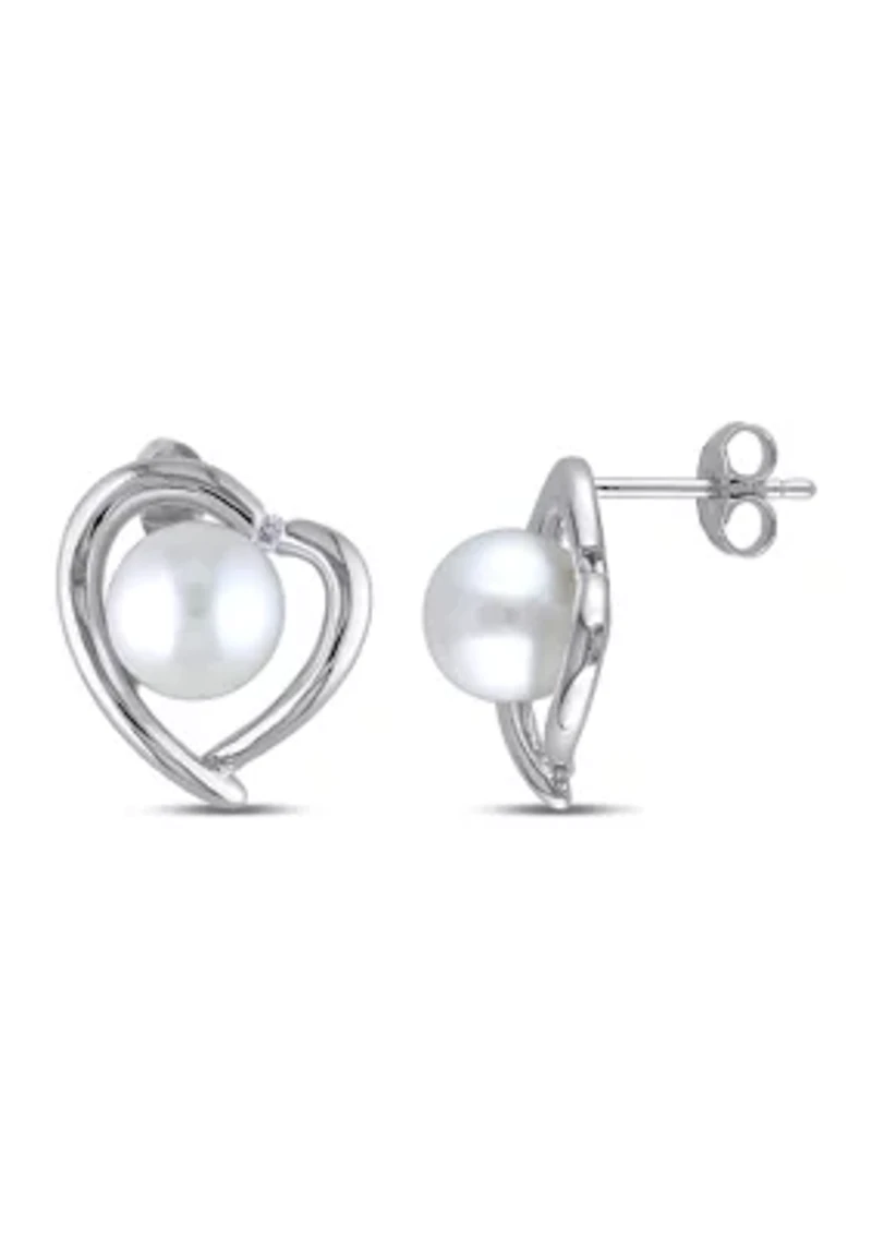 8-8.5 Millimeter Cultured Freshwater Pearl and Diamond Heart Stud Earrings in Sterling Silver