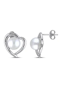 8-8.5 Millimeter Cultured Freshwater Pearl and Diamond Heart Stud Earrings in Sterling Silver