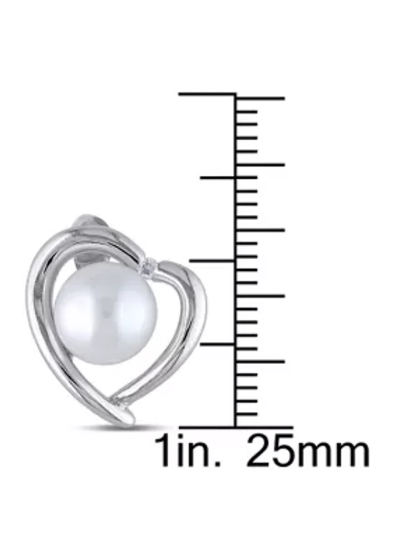 8-8.5 Millimeter Cultured Freshwater Pearl and Diamond Heart Stud Earrings in Sterling Silver