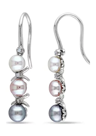 Multi-Color Cultured Freshwater Pearl and Diamond Drop Earrings in Sterling Silver