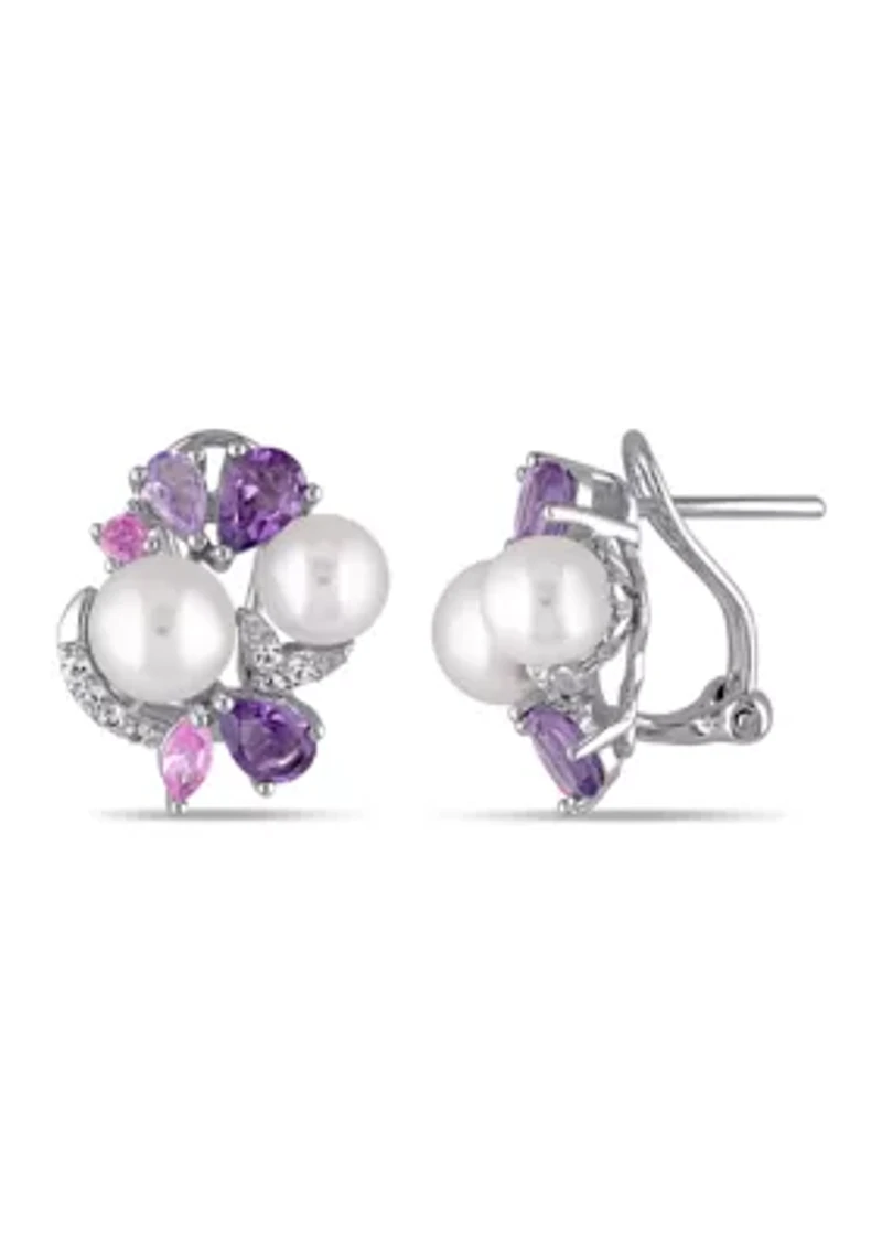 Cultured Freshwater Pearl and 2.75 ct. t.w. Multi-Gemstone Cluster Earrings in Sterling Silver