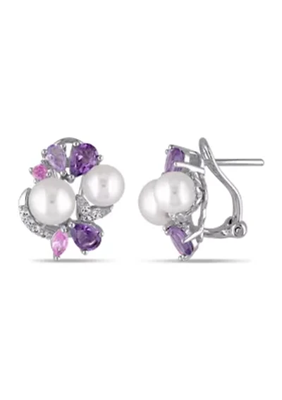 Cultured Freshwater Pearl and 2.75 ct. t.w. Multi-Gemstone Cluster Earrings in Sterling Silver