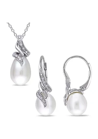 2-Piece Set Cultured Freshwater Pearl and 1/10 ct. t.w. Diamond Twist Earrings and Necklace in Sterling Silver