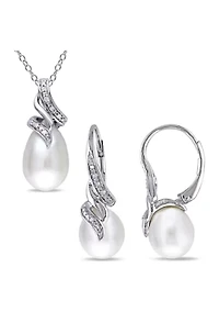 2-Piece Set Cultured Freshwater Pearl and 1/10 ct. t.w. Diamond Twist Earrings and Necklace in Sterling Silver