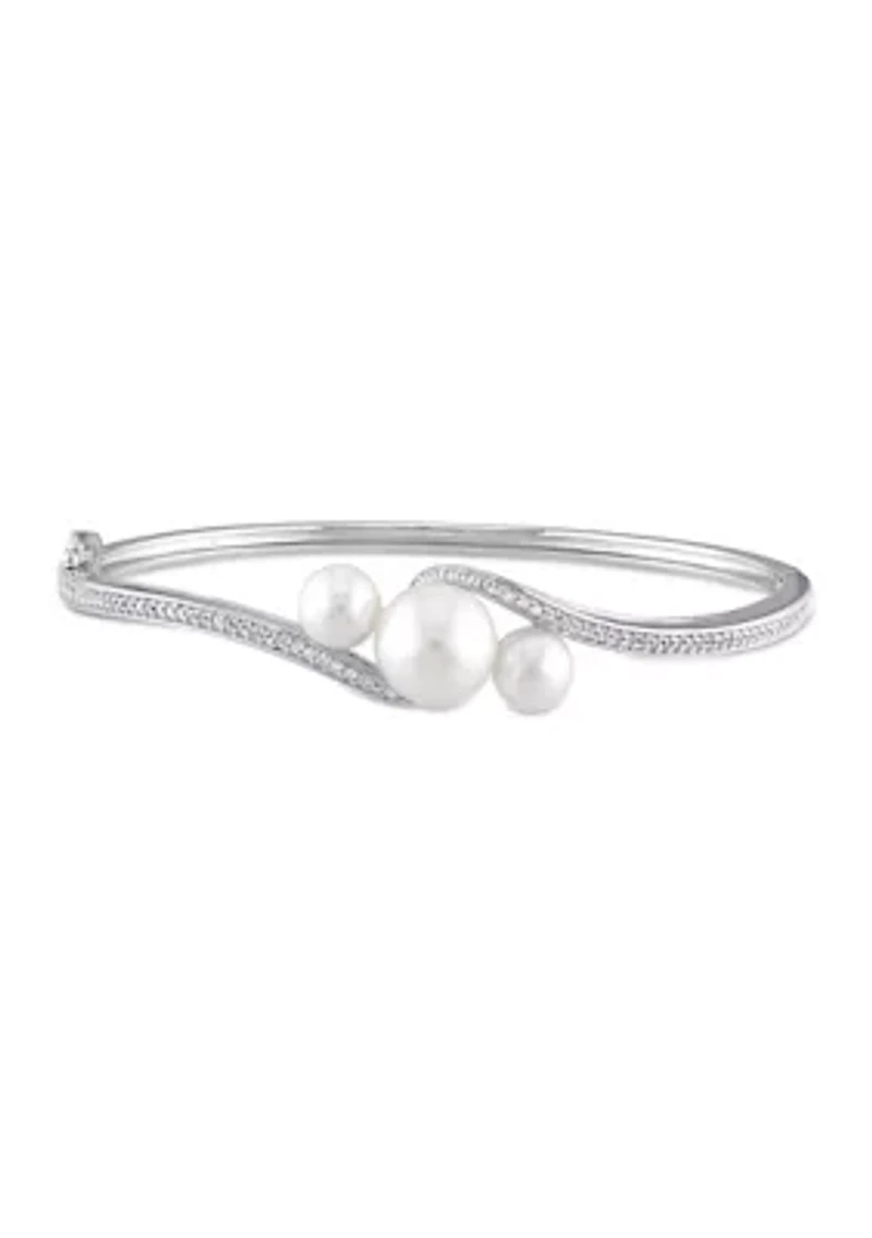 Cultured Freshwater Pearl and Created White Sapphire Bangle in Sterling Silver