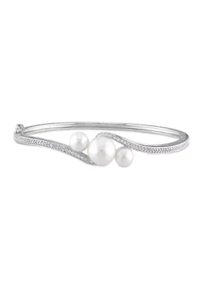 Cultured Freshwater Pearl and Created White Sapphire Bangle in Sterling Silver