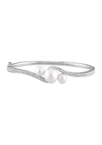 Cultured Freshwater Pearl and Created White Sapphire Bangle in Sterling Silver