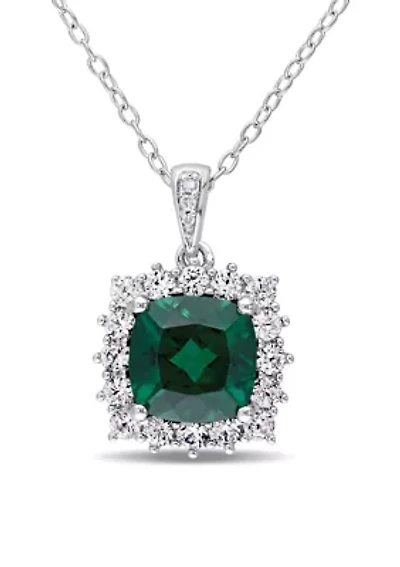 Created Emerald, Created White Sapphire and Diamond Halo Pendant with Chain in Sterling Silver