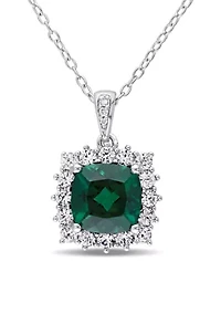 Created Emerald, Created White Sapphire and Diamond Halo Pendant with Chain in Sterling Silver