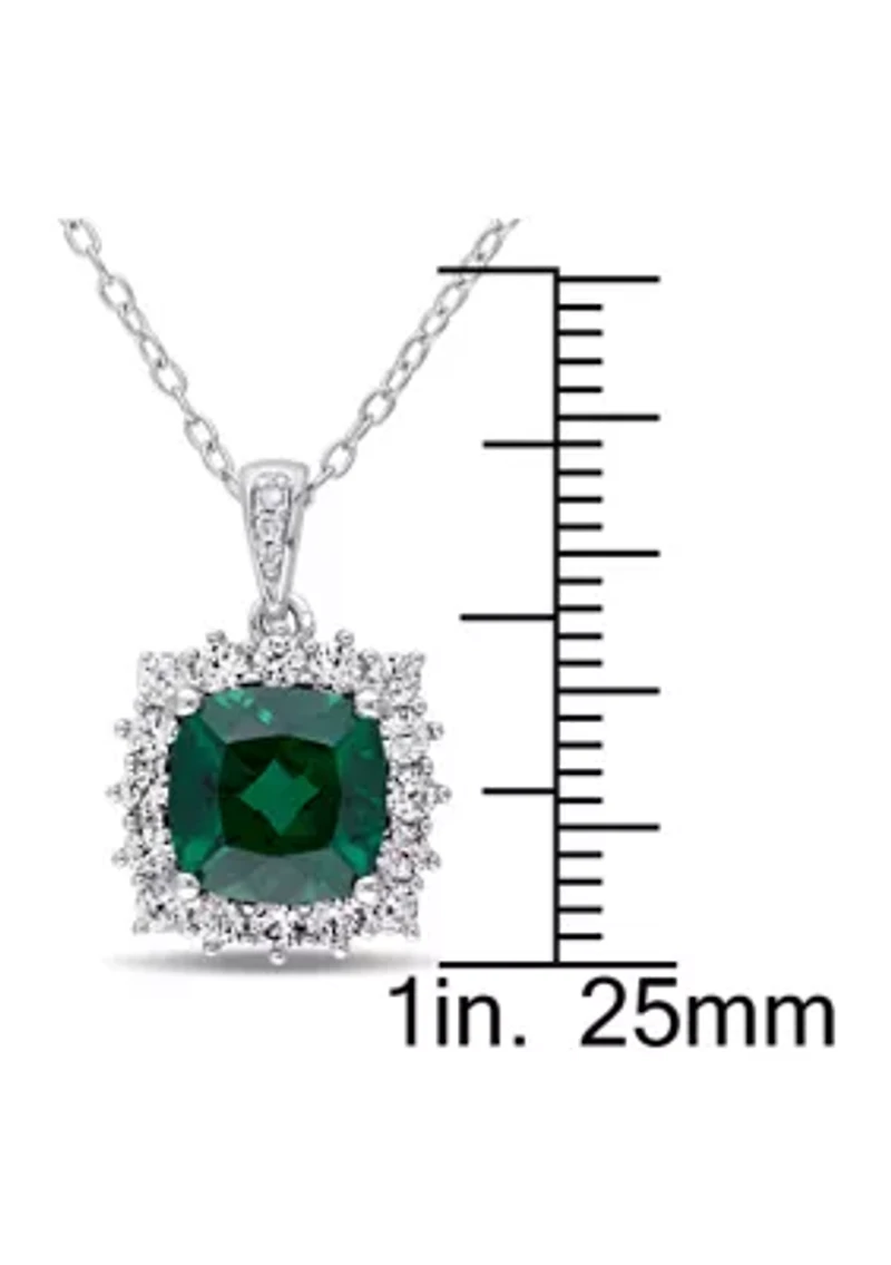 Created Emerald, Created White Sapphire and Diamond Halo Pendant with Chain in Sterling Silver