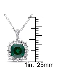 Created Emerald, Created White Sapphire and Diamond Halo Pendant with Chain in Sterling Silver