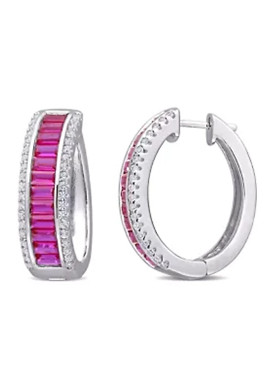Created Ruby and Created White Sapphire Hoop Earrings in Sterling Silver