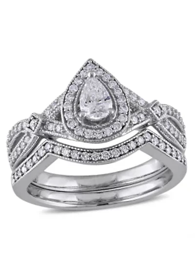 5/8 ct. t.w. Diamond Pear Cut Halo Vintage Split Shank Bridal Set 14k White Gold