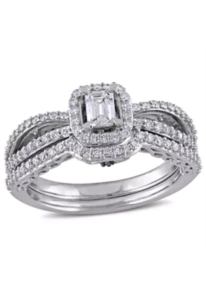 3/4 ct. t.w. Diamond Emerald Cut Halo Split Shank Bridal Set 14k White Gold