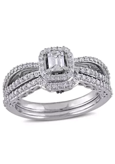 3/4 ct. t.w. Diamond Emerald Cut Halo Split Shank Bridal Set 14k White Gold