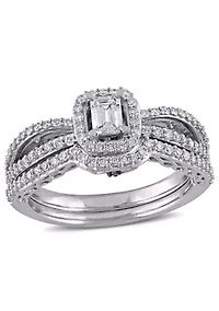 3/4 ct. t.w. Diamond Emerald Cut Halo Split Shank Bridal Set 14k White Gold
