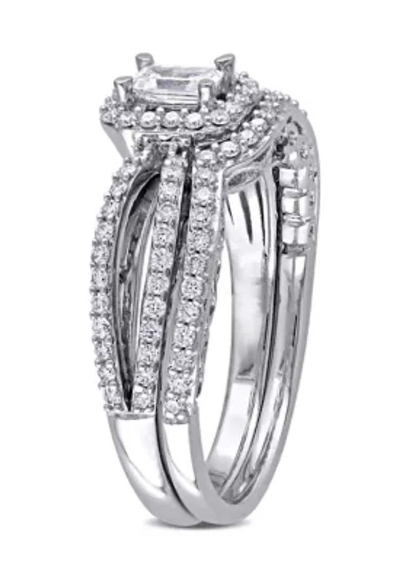 3/4 ct. t.w. Diamond Emerald Cut Halo Split Shank Bridal Set 14k White Gold
