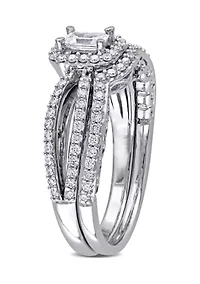 3/4 ct. t.w. Diamond Emerald Cut Halo Split Shank Bridal Set 14k White Gold